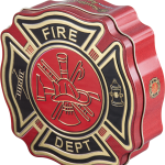 Bold firefighter badge-shaped tin