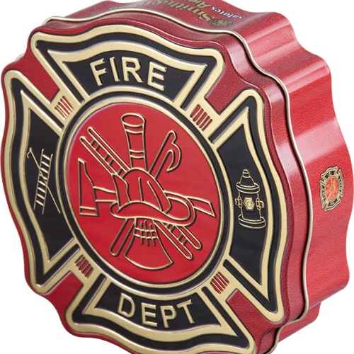 Bold firefighter badge-shaped tin