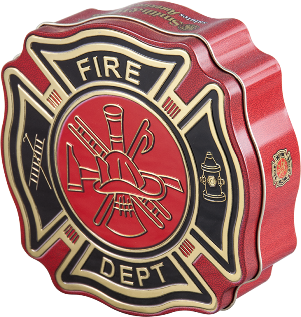 Bold firefighter badge-shaped tin